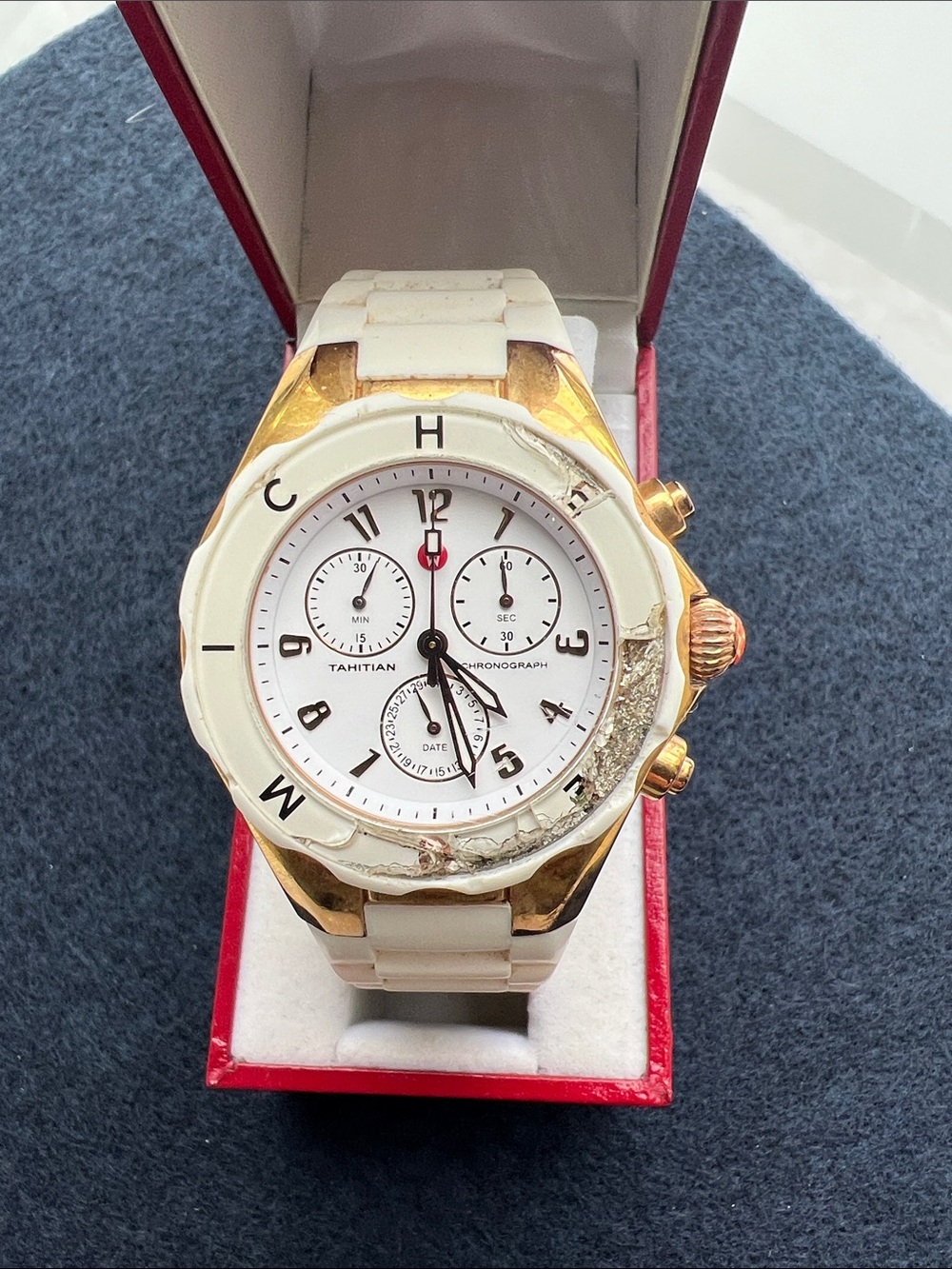 Michele White and Gold Tahitian Chronograph Watch
